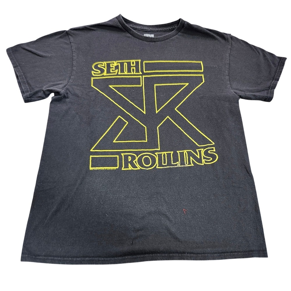 WWE AUTHENTIC T-SHIRT MENS M SETH ROLLINS BLACK YELLOW WRESTLING LOGO EUC